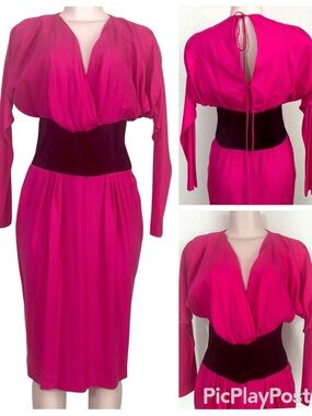 Vintage 80s SILKLINE Magenta Silk Satin Batwing Dress Keyhole Tie Back SZ 10
